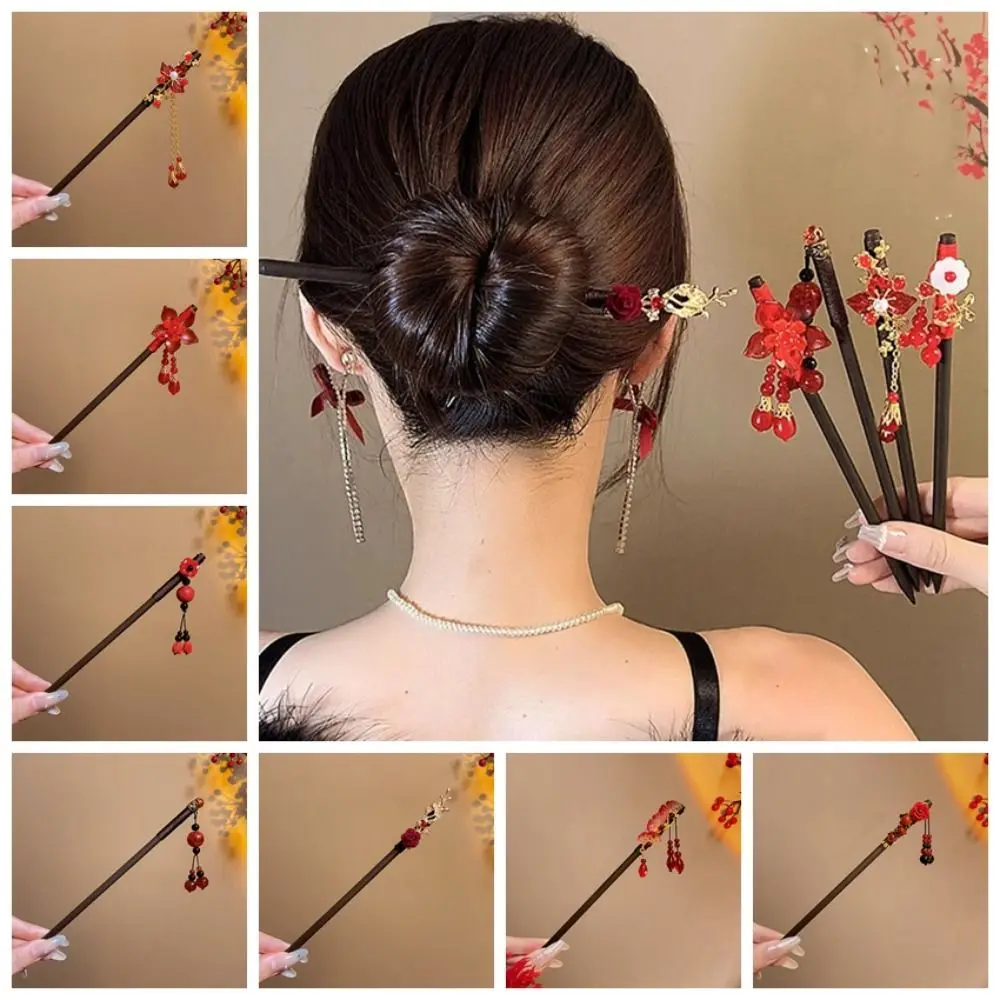 Classical Flower Wooden Hair Stick Tassel New Year Hanfu Hairpin Hair Sticks for Buns Red For Girl