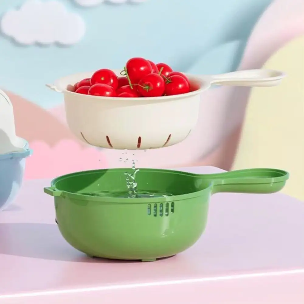 

Kitchen Gadgets Double-layer Fruit Washing Basket Thickened Plastic Berry Cleaning Bowl Hanging with Handle Strainer Ladle Snack