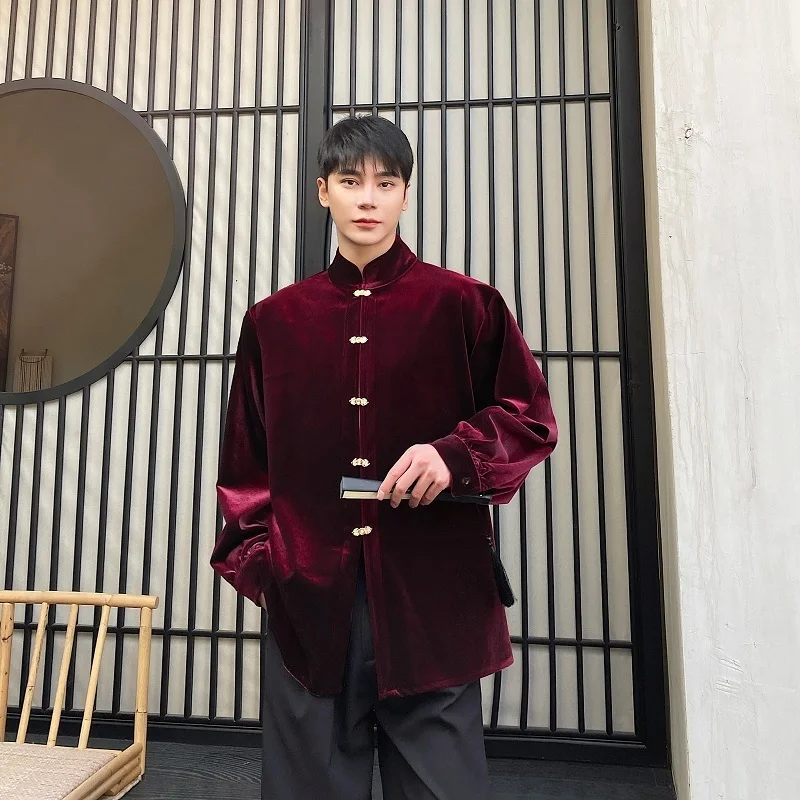 

New Chinese Style Trendy Velvet Metal Buckle Shirt Men Stand Collar Long Sleeve Male Shirts Loose 2024 Autumn