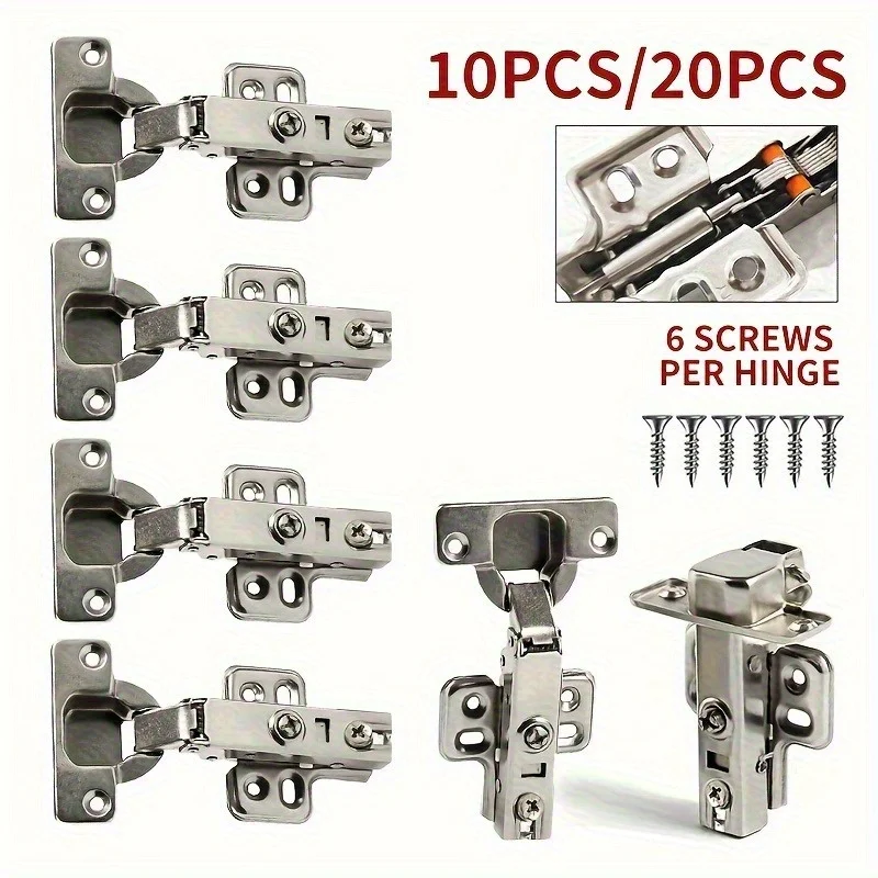 10/20pcs Soft-Close Matte Brushed Metal Cabinet Hinges - Surface Mount Damping Hinges with 6 Screws, Wardrobe & Kitchen Cabinetr