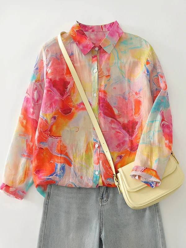 

Loose Cotton Linen irt Women's Printed Casual High Collar Summer Sun Protection Top Faionable Versatile Fem Svel...
