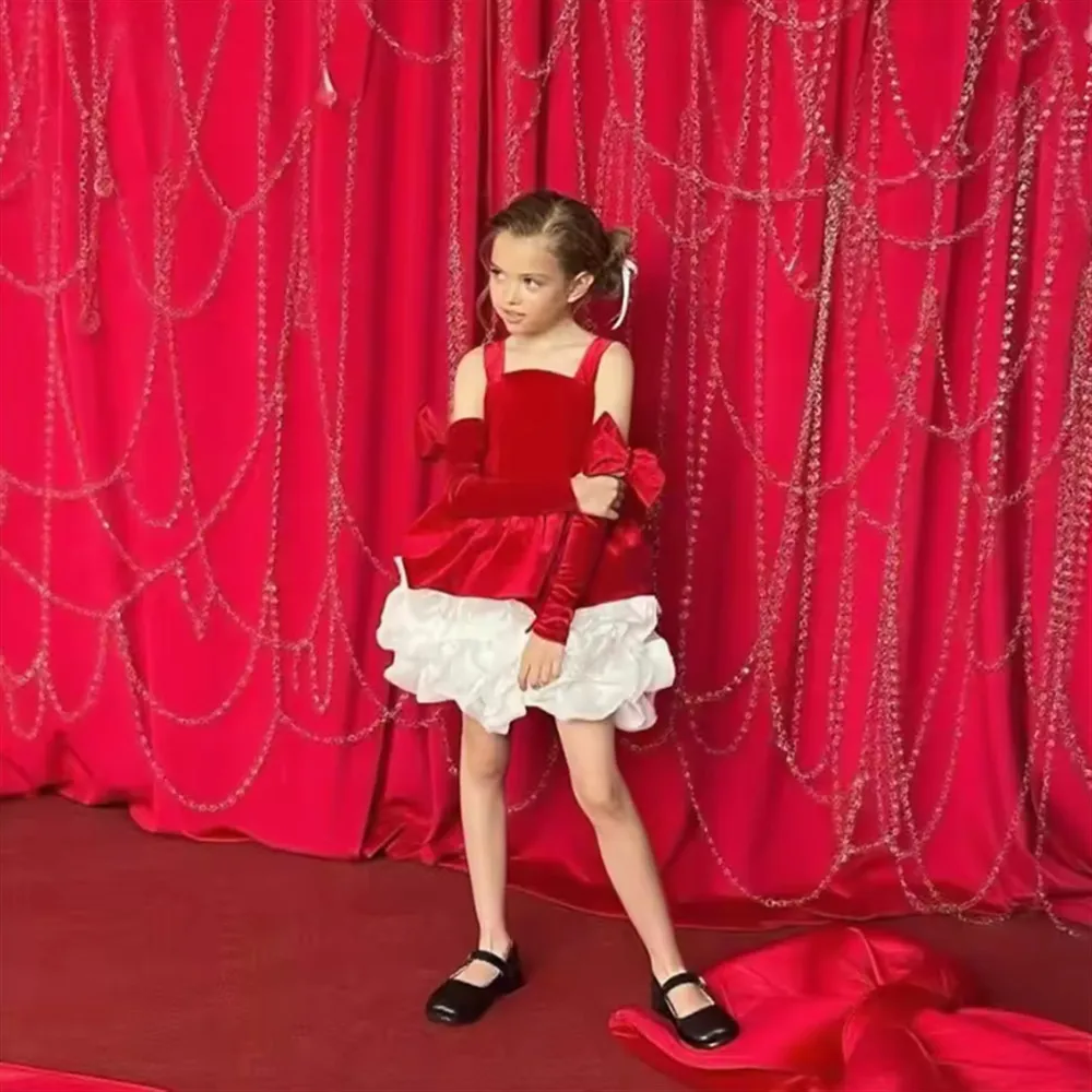 

Customized Velvet Flower Girl Wedding Dress Tiered with Bow Puff Girl Party Dress Kids Christmas Ceremonial Holy Communion Gown