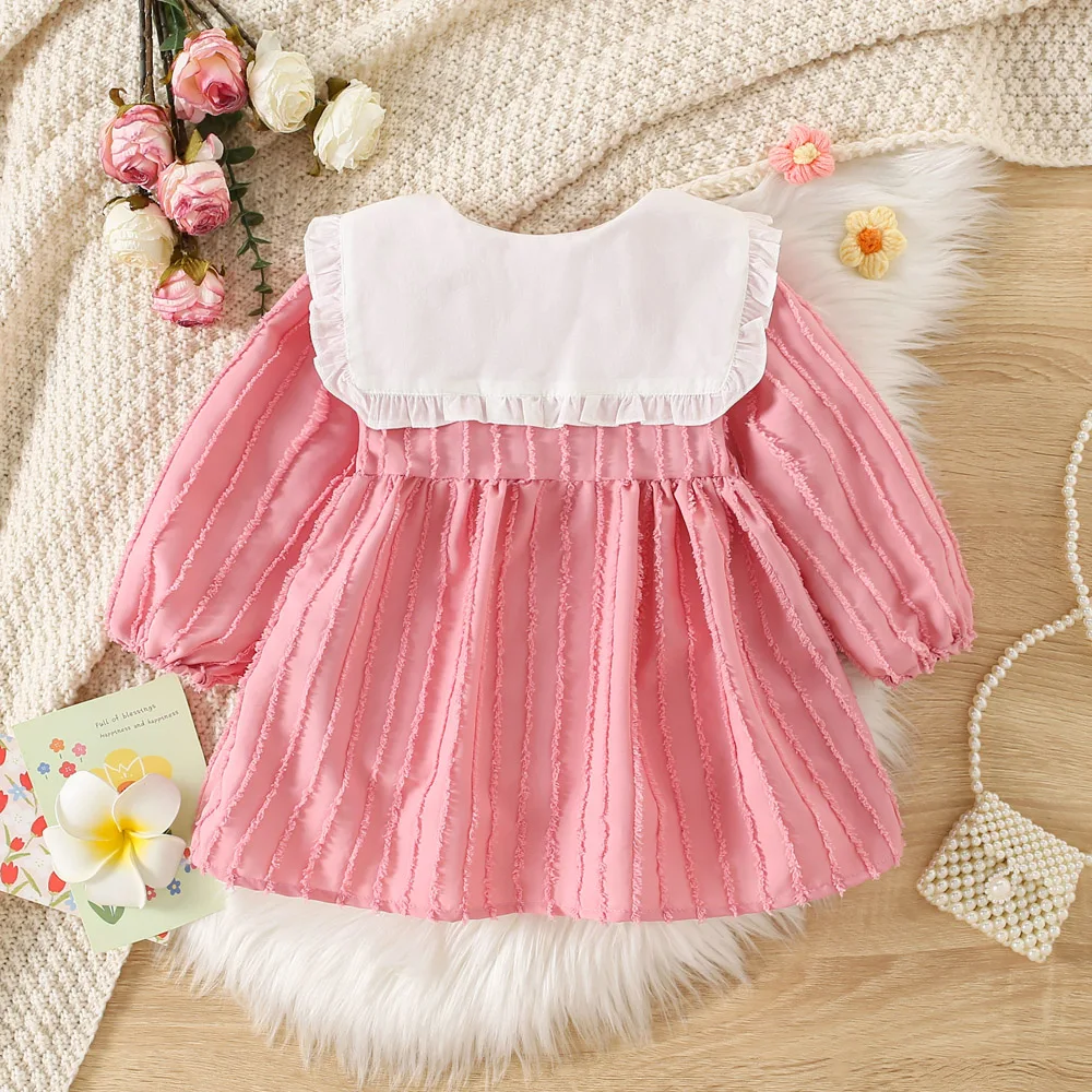 Fall New Girls\' Dress Small Flying Sleeve Lace Pleated Flower Decoration Strip Won-Puffed Sleeve Sweet Princess Dress Round Neck