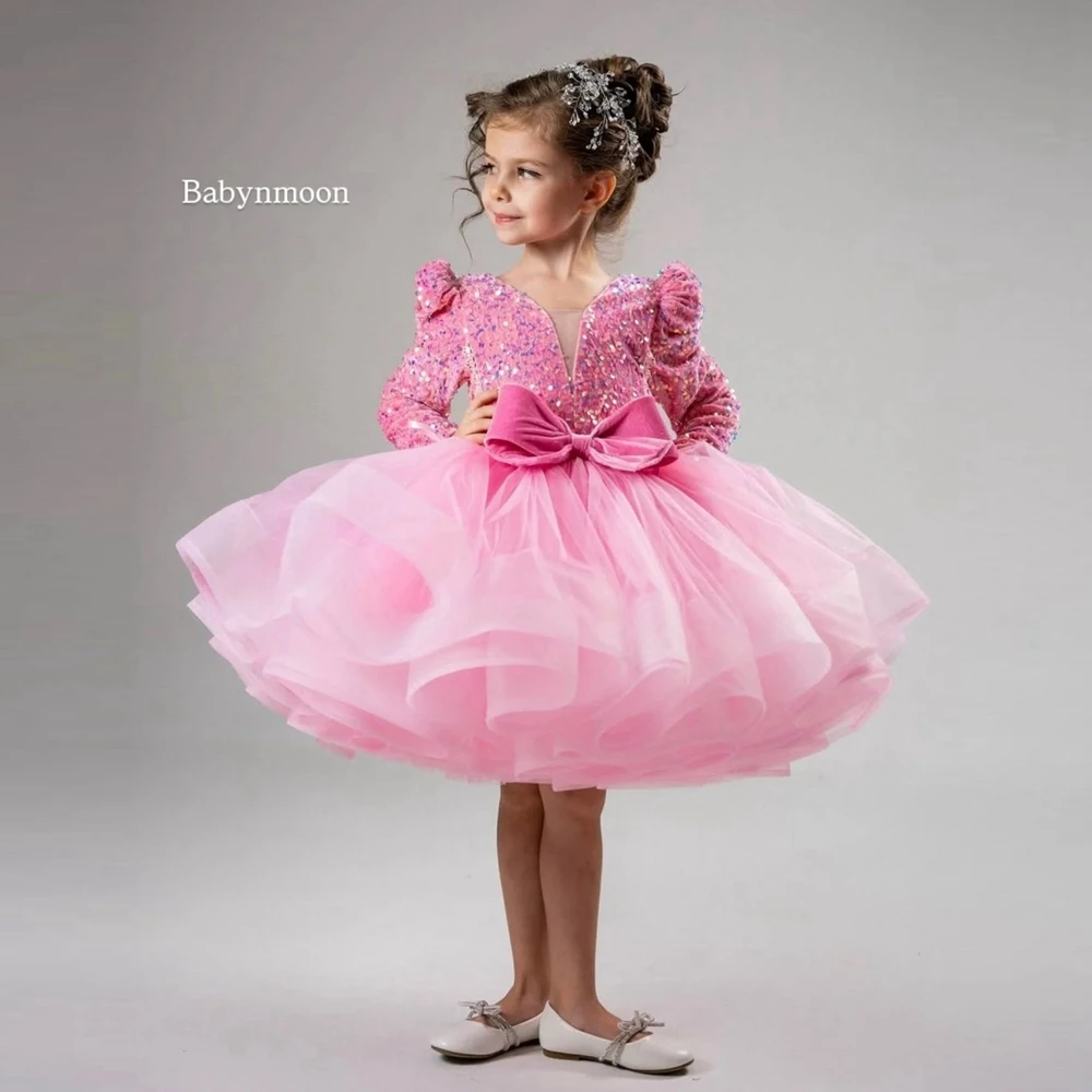 Extra Puffy Mesh Kids Party Dresses Cute Bow Sequined Fluffy Flower Girl Dress Pretty Ruffles Tiered Tulle Kids Party Gowns