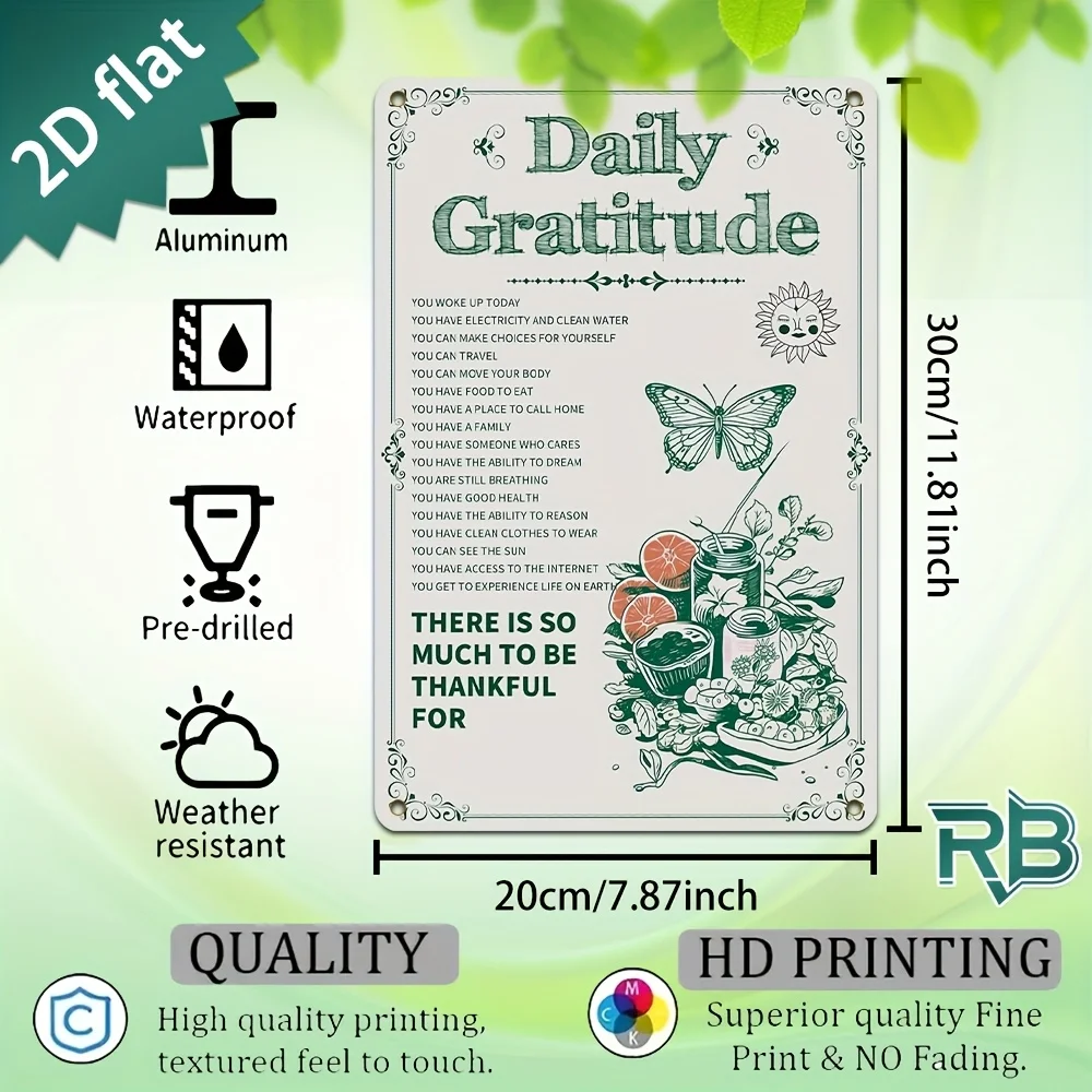 New Trendy HD Metal Wall Art - Vintage Retro 2D Flat Design Daily Gratitude Journal Sign Featuring Inspirational Affirmations 