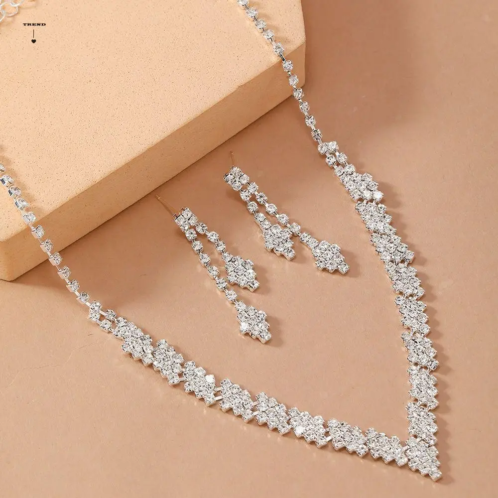 

Geometric Zircon Necklace Earrings Kit Tassel Korean Style Wedding Bride Jewelry Set Rhinestone Simple Sparkling Jewelry Set