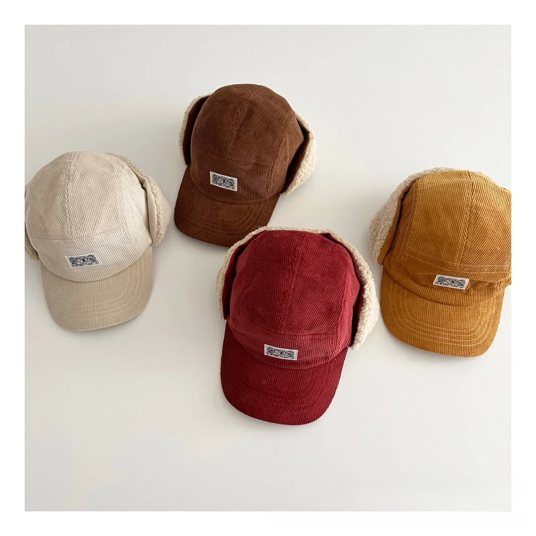 

Детская вельветовая шапка-ушанка унисекс с подкладкой из овечьей шерсти, теплая зимняя детская шапка в стиле ретро