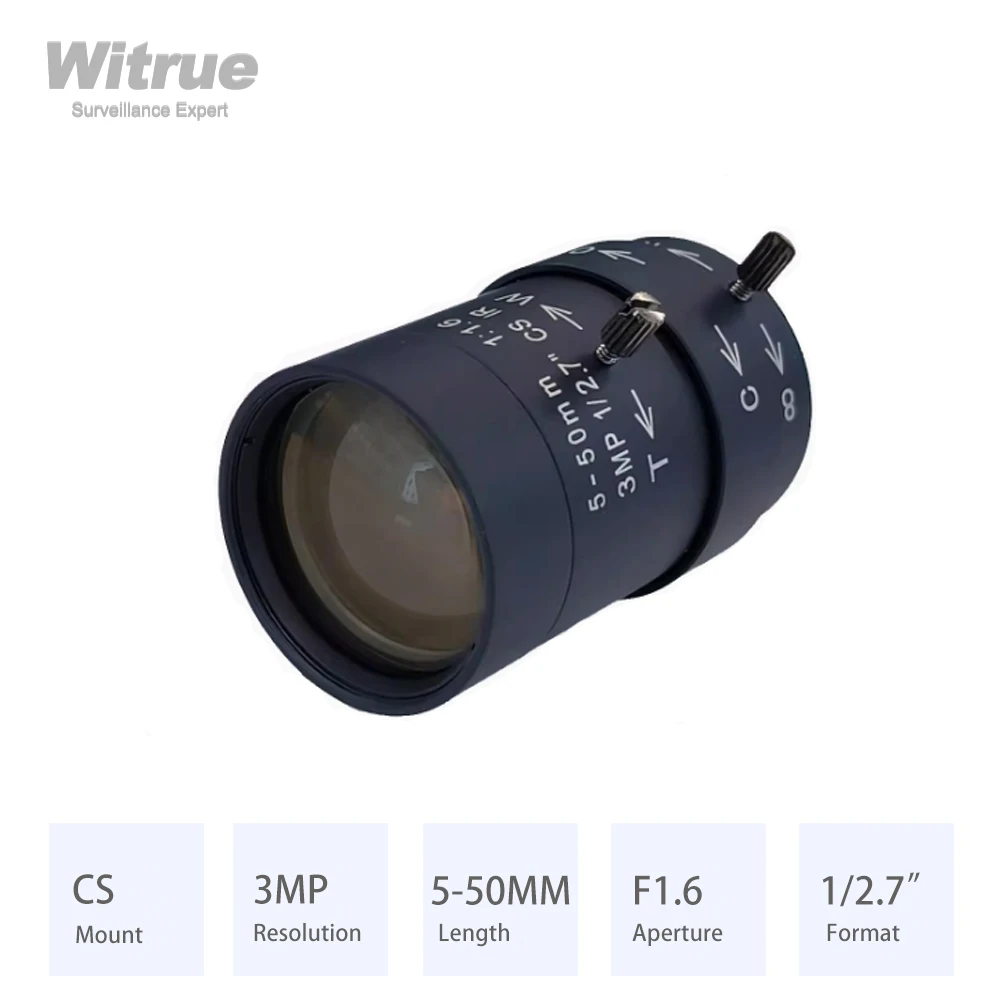 Witrue Varifocal lens HD 3 Megapixel 5-50mm Aperture F1.6  Format 1/2.7 IR correction for Surveillance IP Cameras