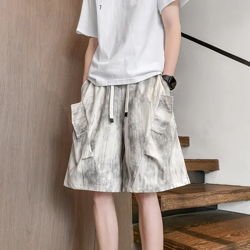 2026 Summer New Design Men's Tie-Dye Patched Fake Pockets Silk Shorts with Five-Piece Pants