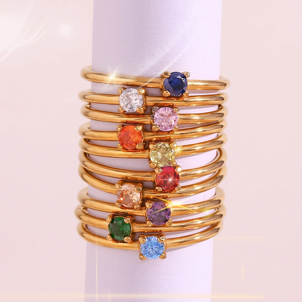 E.B.belle 12 Months Constellation CZ Birthstone Rings For Woman Gold Plated Stainless Steel Zodiac Birthday Gift Ring Jewelry