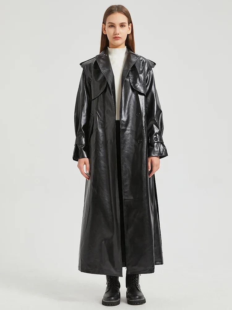 Lautaro-Manteau en cuir PU extra long pour femme, pardessus de créateur de luxe, or brillant, simple boutonnage, automne, 2024