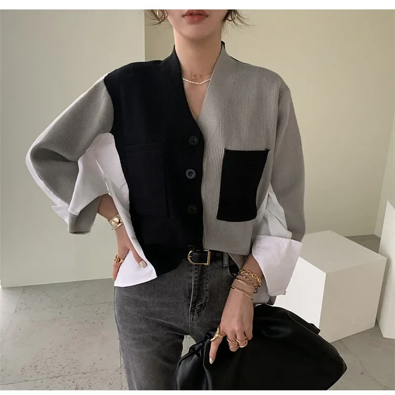 

Korean Style 2024 Fashion Patchwork Chic Brief Autumn Basic New Knitted Women V-Neck Cardigans Color-Hit Sweaters LJ54