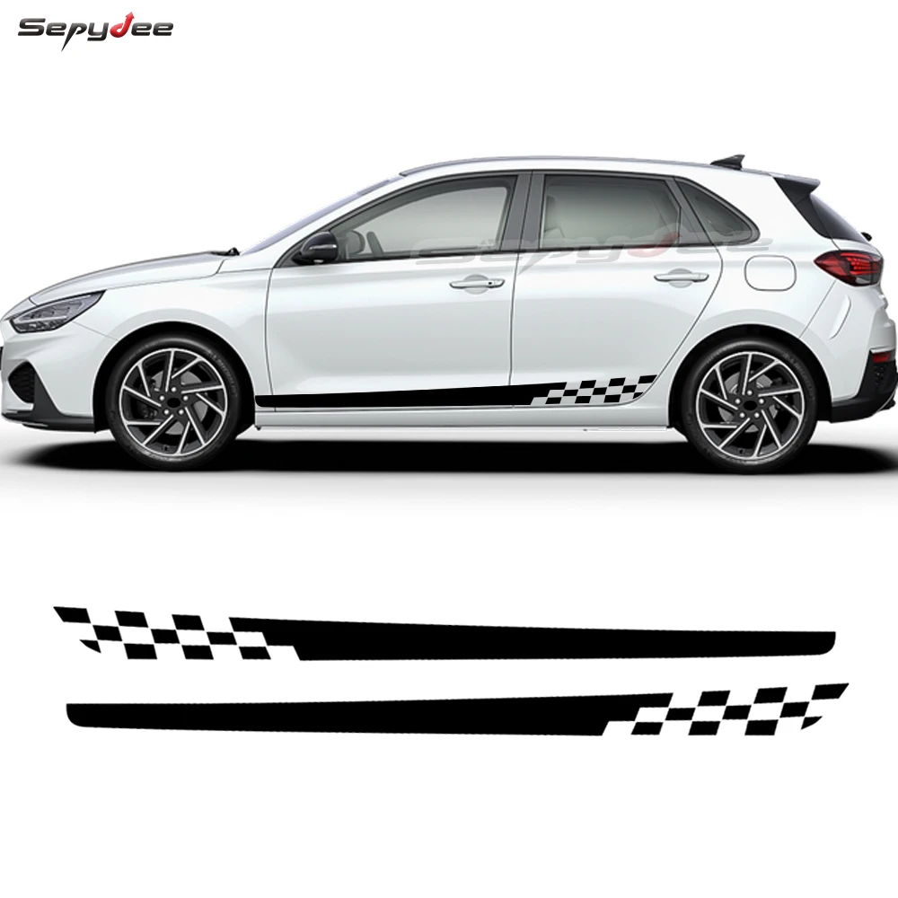 2Pcs Car Body Door Side Skirt Stickers Lattices Graphic Long Stripes Vinyl Film Decals for Hyundai i30 i30n Car Accessories