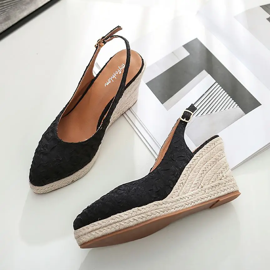 8cm Sandalias Mujer Promotion Genuine Ankle Buckle Sandals Sapatos Mulher Wedge Heel Shoes Closed Toe Wedges Ladies Espadrilles