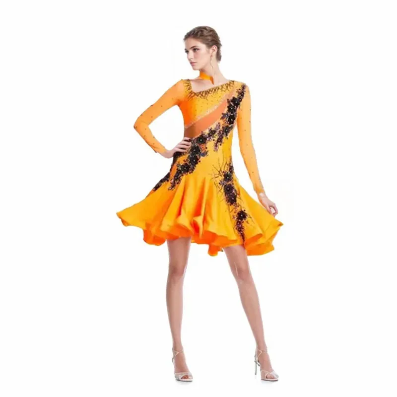 Advanced Custom Ballroom Sexy Outfit Dress Latin Dance Dresses for Women Orange Stage Costumes Dance Costume Ruffle Latin Dress