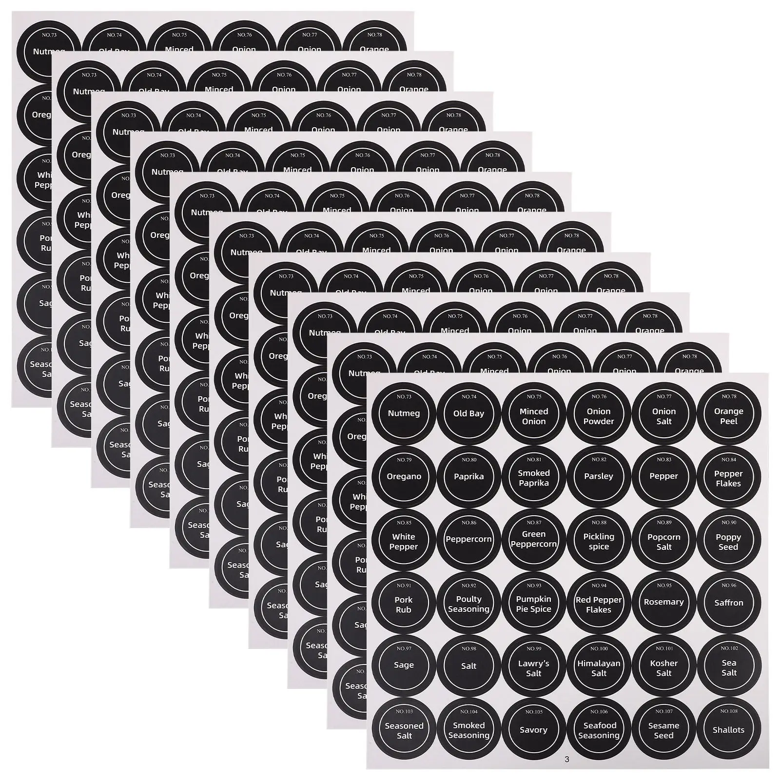 20 Hojas de Etiquetas Redondas Negras Impermeables para Frascos de Especias, Etiquetas Preimpresas en Inglés para Condimentos, Etiquetas Organizadoras para Cocina y Despensa