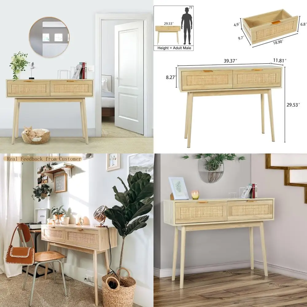 Table console moderne en rotin avec tiroirs, table de canapé en chêne, bureau d'entrée étroit pour couloir, meubles pour petits espaces