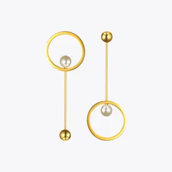 Enfashion Imitation Pearl and ball Dangle Earrings Rose Gold color Dot Earings Drop Earrings For Women Long Earring Jewelry