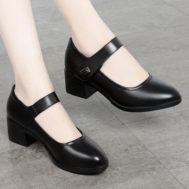 Women\'s Leather Shoes 2024 Autumn Comfortable Casual  Non-slip Soft Sole Wedge Mother Shoes Black Breathable Mid-heel Work Shoes