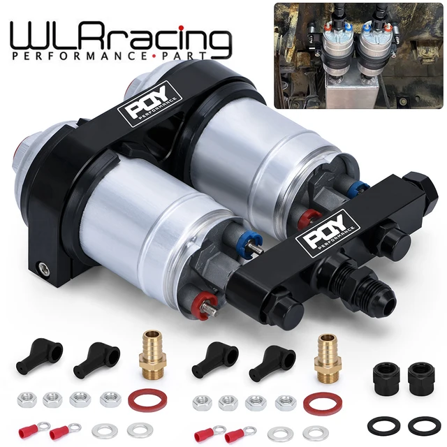 WLR RACING - Jednoczęściowy wspornik pompy paliwa z podwójnym otworem i logo PQY + dwuczęściowa pompa paliwa 044 OEM:0580 254 044 300LPH