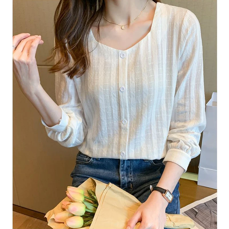 Women Korean Fashion Square Collar Long Sleeve Button Shirts New Autumn Office Lady Elegant Blouses Casual Solid Chic Tops Blusa