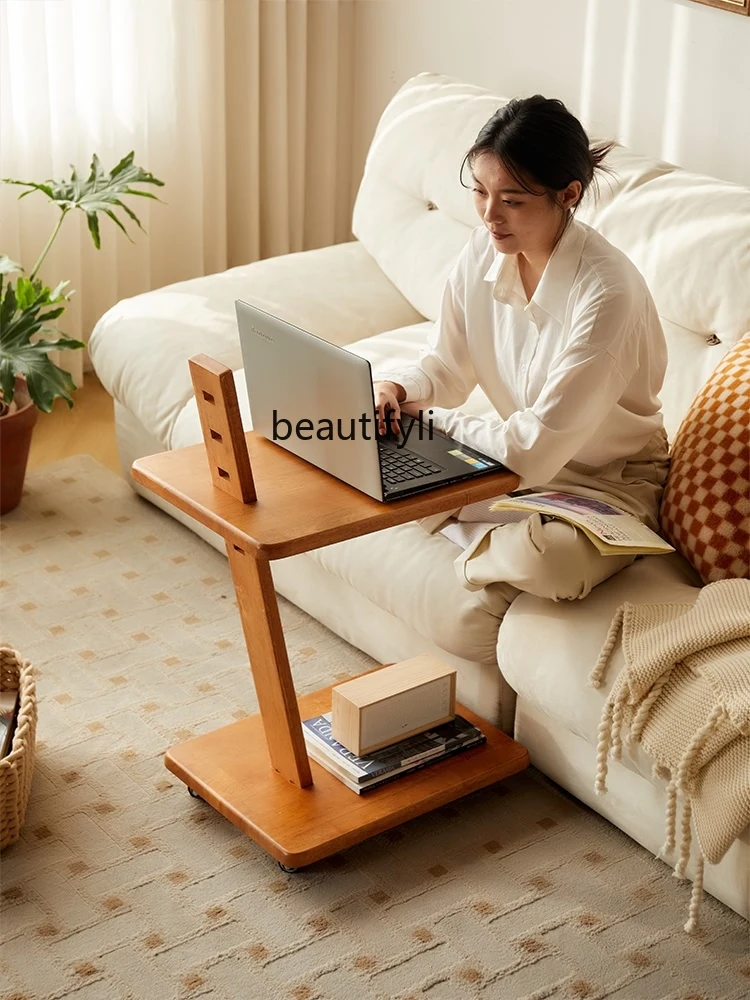 Movable Sofa Side Table Living Room Double-Layer Pulley Coffee Table Multi-Functional Corner Table Small Table