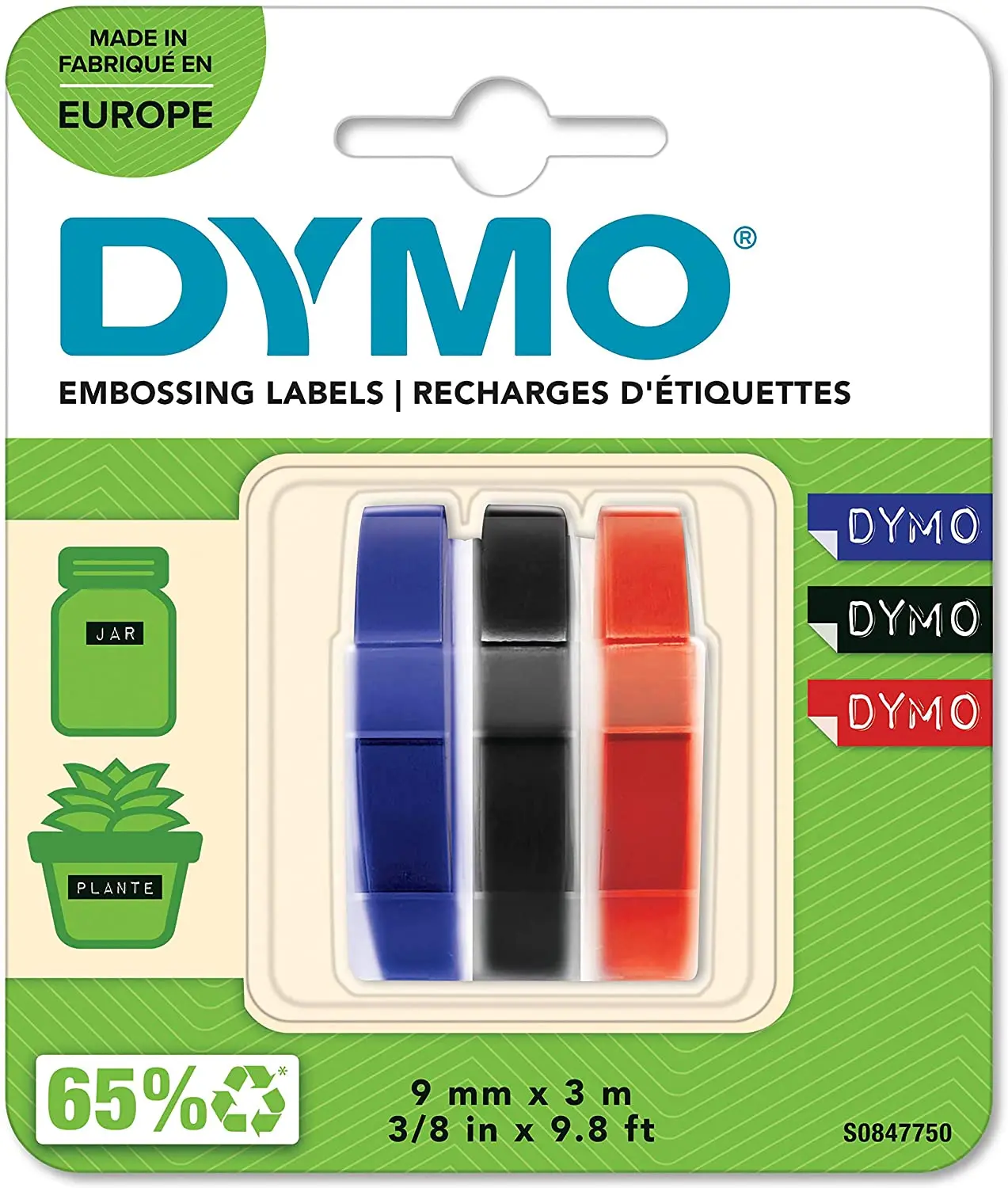 DYMO 3D Embossing Labels,Plastic Label Tape,9mm-3mt, Pack of 3,Blue, black, Red,Durable Label