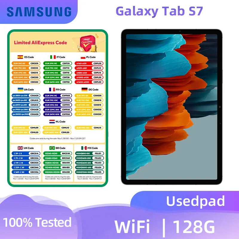 Samsung Galaxy Tab S7 11inch WIFI OLED  2560x1600 120HZ Snapdragon865+ 8000mAh 13MP Camera Android OneUI SPEN used pad