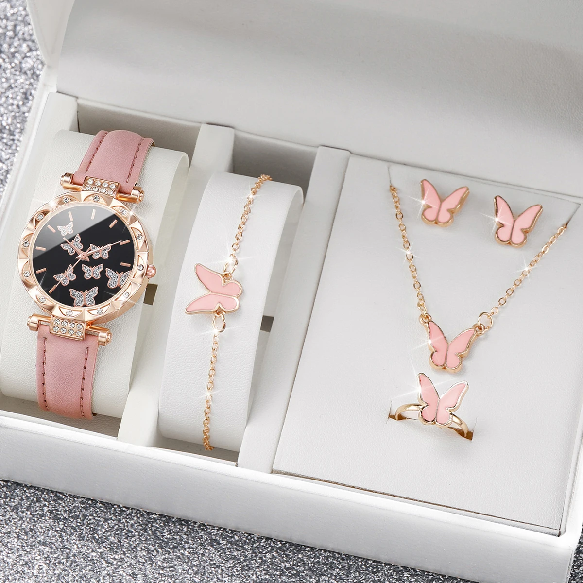 

5PCS/Set Fashion Butterfly Women Watches Jewelry Set Luxury Rhinestone Female Leather Band Quartz Watch ( Without Box )
