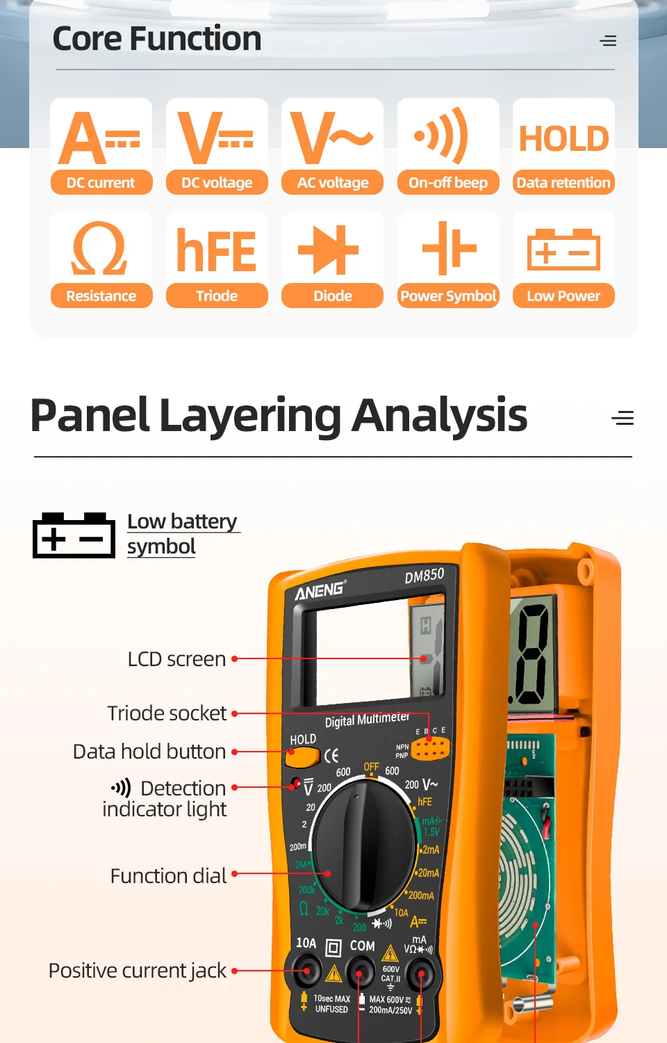 ANENG DM850 Digitalmultimeter, automatisch, professionell, 1999, zählt, Auto-AC/DC-Spannungsprüfer, Ohm-Strom-Amperemeter-Detektor-Werkzeug – Detail 3