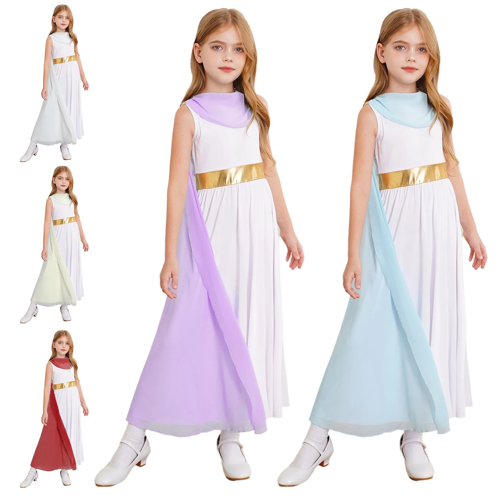 Kids Girls Ancient Greek Princess Goddesses Costume Roman Grecian Athena Gown Halloween Party Cosplay Split Shawls Toga Dress