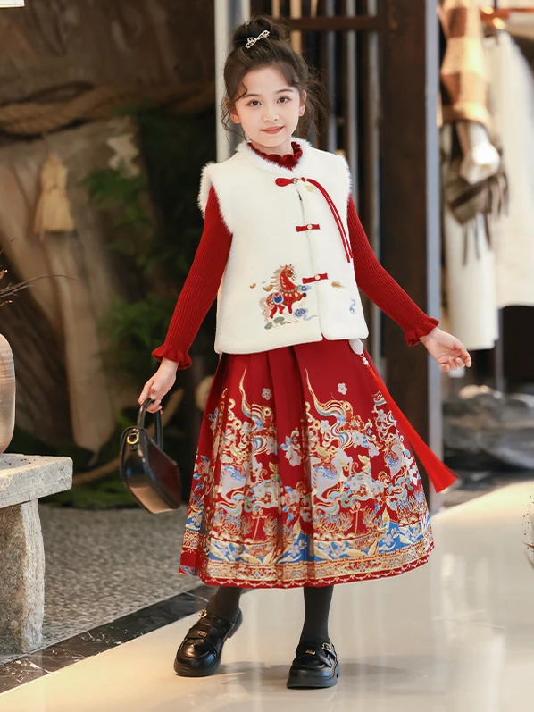 

Thiened Embroidered Girls Sweater Vest Autumn Winter Clothes Set New 2025 Children's Gold Tee-Piece Set Traditional...