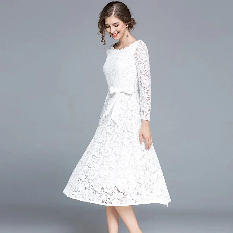 

Customized Classic Lace Sash Bow A-line O-Neck Midi Dresses Bespoke Occasion Dresses Fashion Matching Exquisite Sizes Available