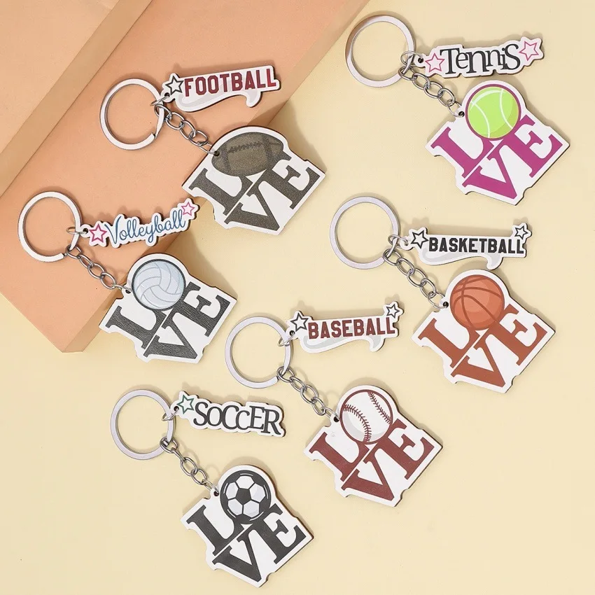 Basketball Football Keychain for Kids Boys Love Heart Shaped Pendant Baseball Volleyball Rugby Key Chain Gifs