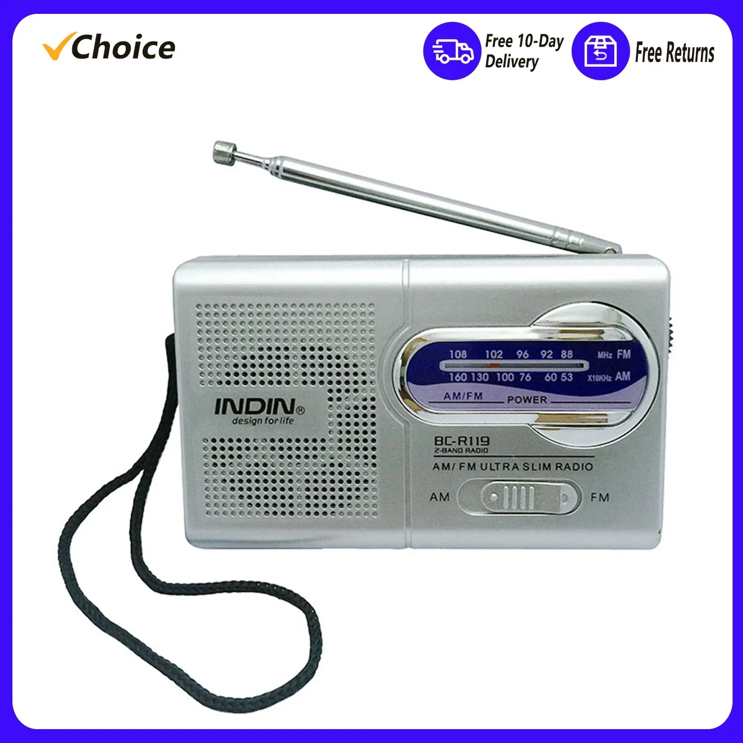 BC-R119 AM/FM Radio Dual Band Mini Radio Receiver Portable Player Built-in Speaker with a Standard 3.5MM Headphones Jack