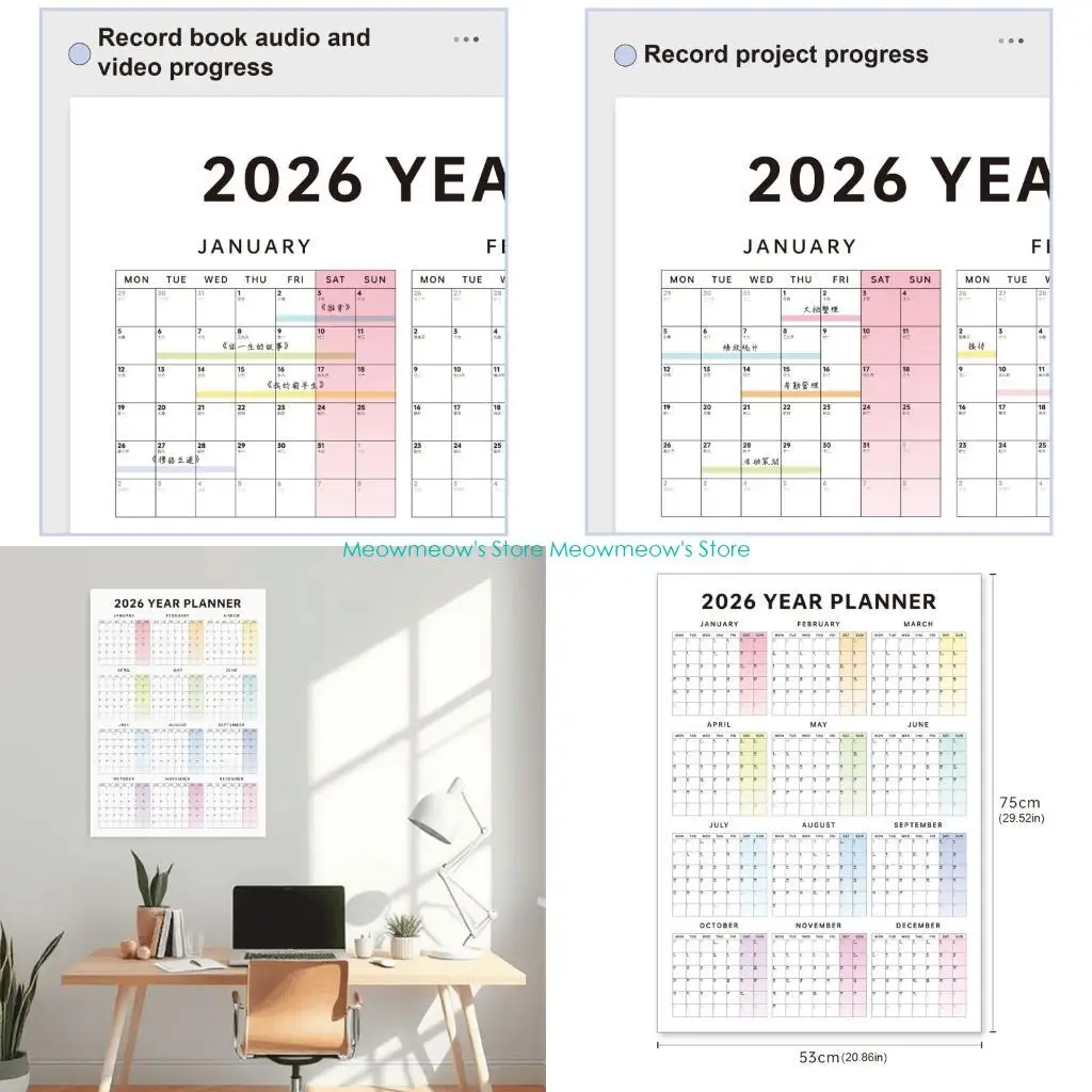 

W91A Настенный календарь-календарь на 2026 год для планирования отслеживания целей, 75x53 см