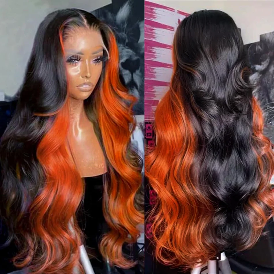Highlightspruik van mensenhaar 13x6 HD kantfrontpruik zwart gemberkleurig body wave kantfrontpruik voorgeplukt Braziliaans 250 density