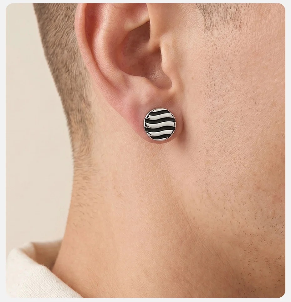 Vnox Edelstahl Runde Wasserwellen-Ohrstecker für Herren, Silberfarben Täglicher Punk-Schmuck Geschenk für Vater Sohn Ehemann Freund – Detail 3