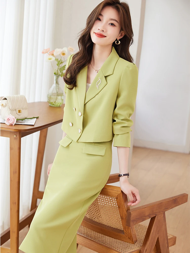 Fashion Spring Office Ladies Pant Suit Women Female Purple Green Orange Black Short Blazer Jacket And Trouser Formal 2 Piece Set