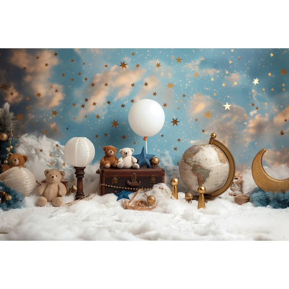 生まれたばかりの赤ちゃんの1歳の誕生日の装飾,写真の背景,青とピンクのクマの雲の風船,ベビーシャワーケーキのスマッシュ,写真の背景