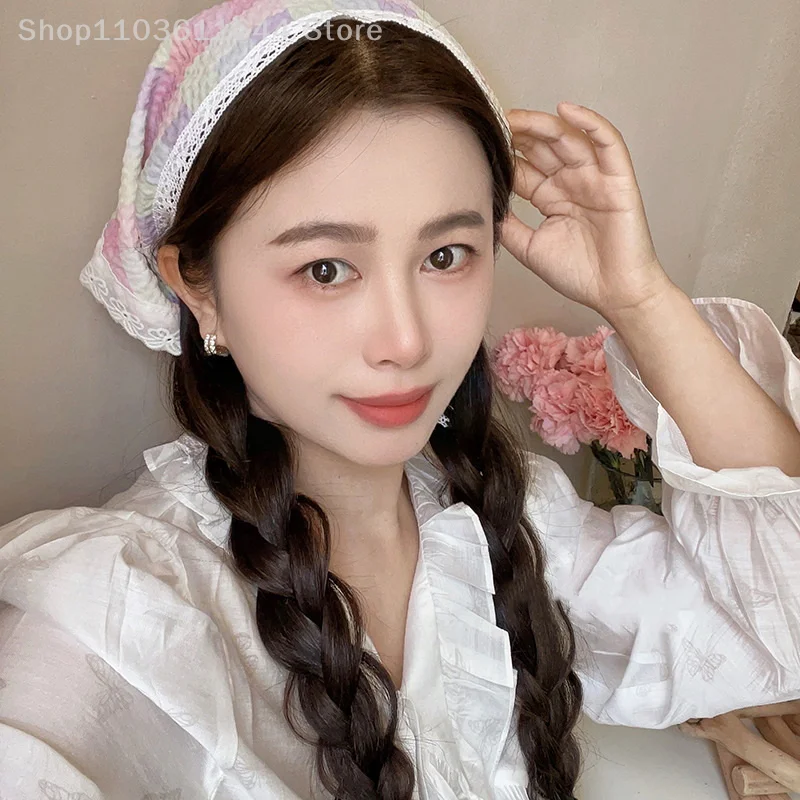 

Cartoon Print Sweet Lace Hair Scarf Wraps Women Retro Triangle Headscarf Hat Travel Photo Headband Girl Hair Accessories