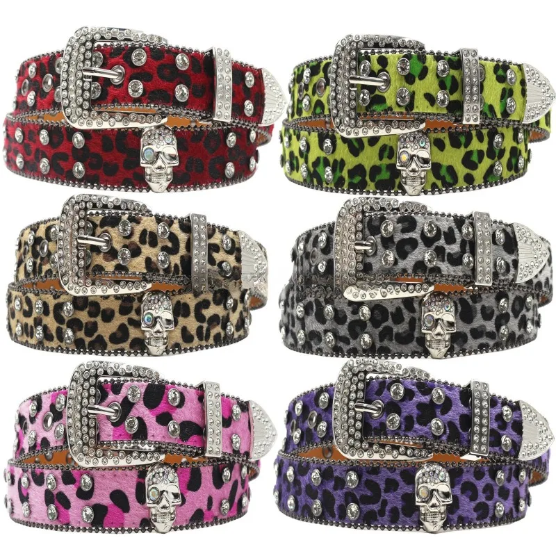 

European and American Personality Punk Rhinestone Belt Leopard Print Belt Hip Hop Rock Y2K Style Pin Buckle Skull Belt