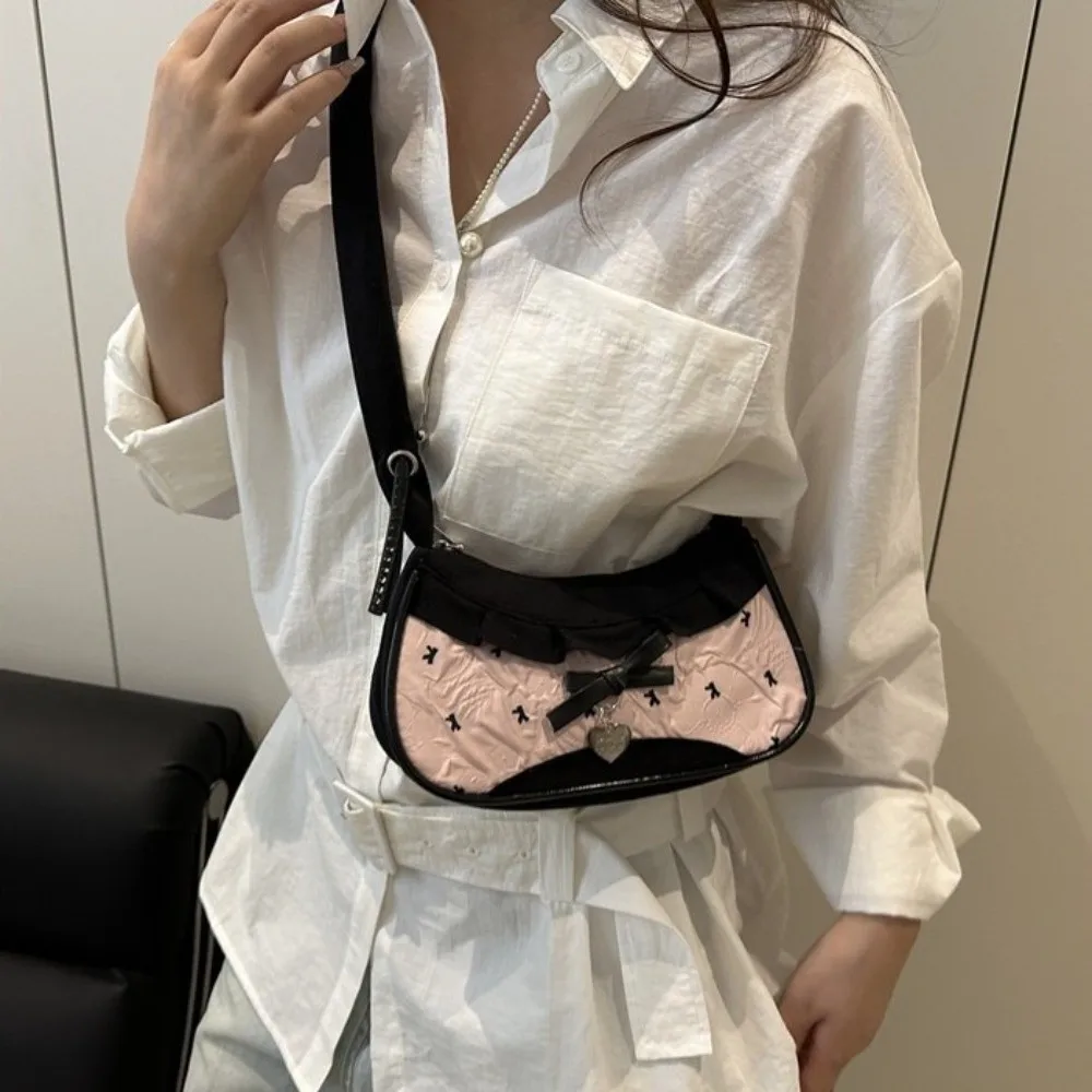 Portable Korean Style Bow Shoulder Bag Leisure Hand-held Underarm Handbag Commuting Pink Crossbody Bag Students