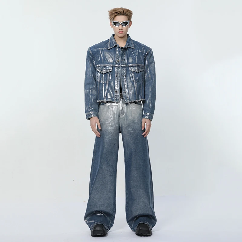 IEFB Niche Style Male Denim Two-piece Liquid State Washing Turn-down Collar Long Sleeve Jackets Worn-out Jeans Summer 9C6544