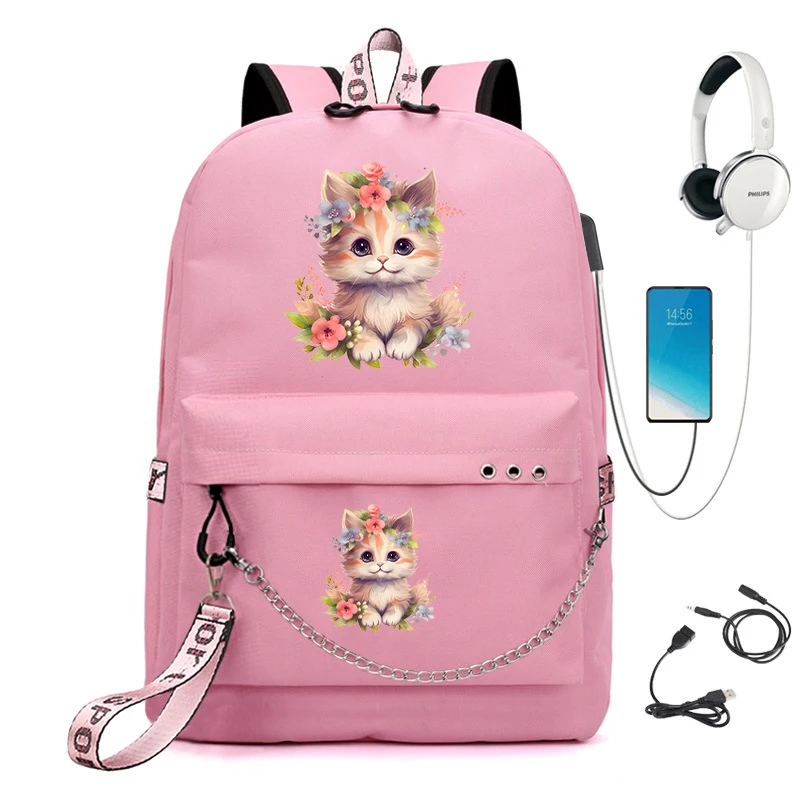 Mochila escolar con dibujos de gatos y flores para niñas, bolso escolar de animales de Anime, mochila para volver a la escuela, mochilas con carga Usb