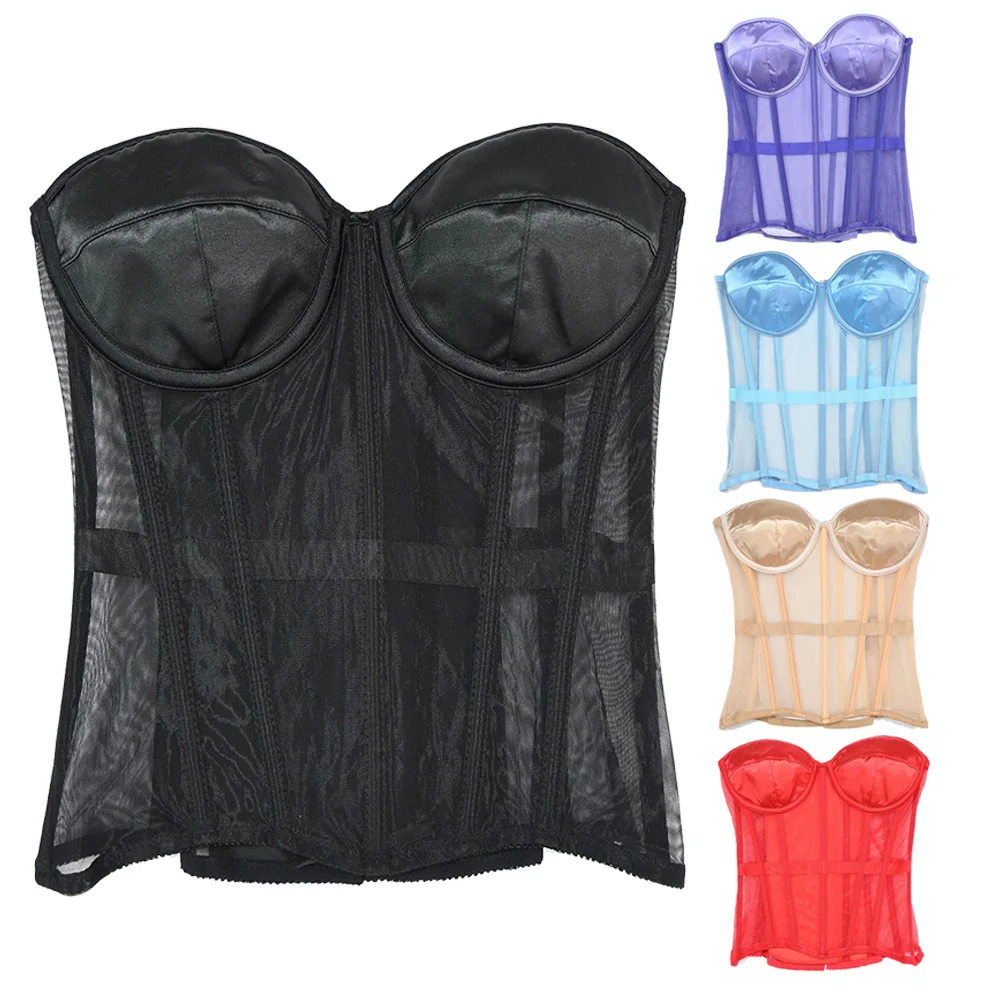

Women's Corset Bustiers Strapless With Bra Breathable Mesh Lace Up Boned Bodices Waist Girdle Tummy Control Tight Tops