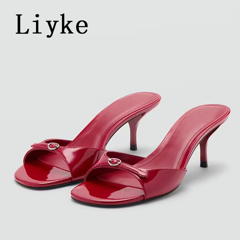 Liyke Summer Slippers Women Elegant High Heeled Shoes Fashion Dress Mules Sandals Sexy Buckle Strap Square Toe Designer Slides