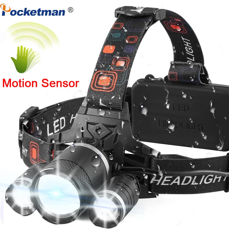 

Super bright LED Headlamp Motion Sensor Head lamp Flashlight Torch Headlight Lanterna Rechargeable 18650 battery for Camping