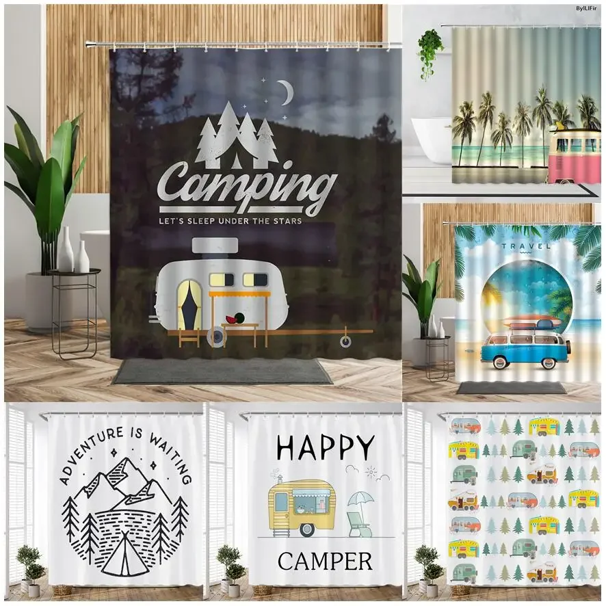 Forest Camping Poster Shower Curtain Camper Car Woods Bathroom Bath Decors Outdoor Landscape Backdrop Cloth 3D Room Curtains Set