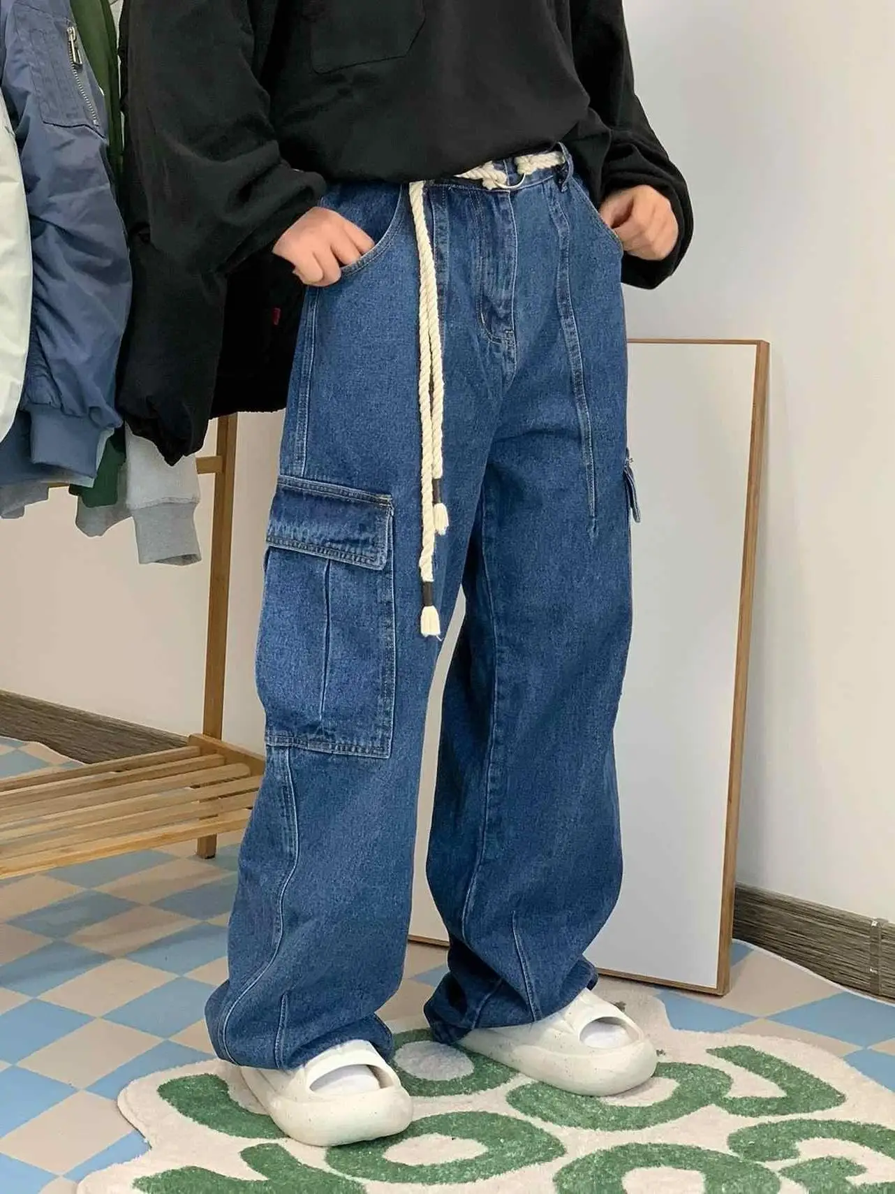 

High Street Design Wide Leg Jeans Loose Straight Cut Trousers for Men And Women Spring Autumn New Sle American High Waist S...